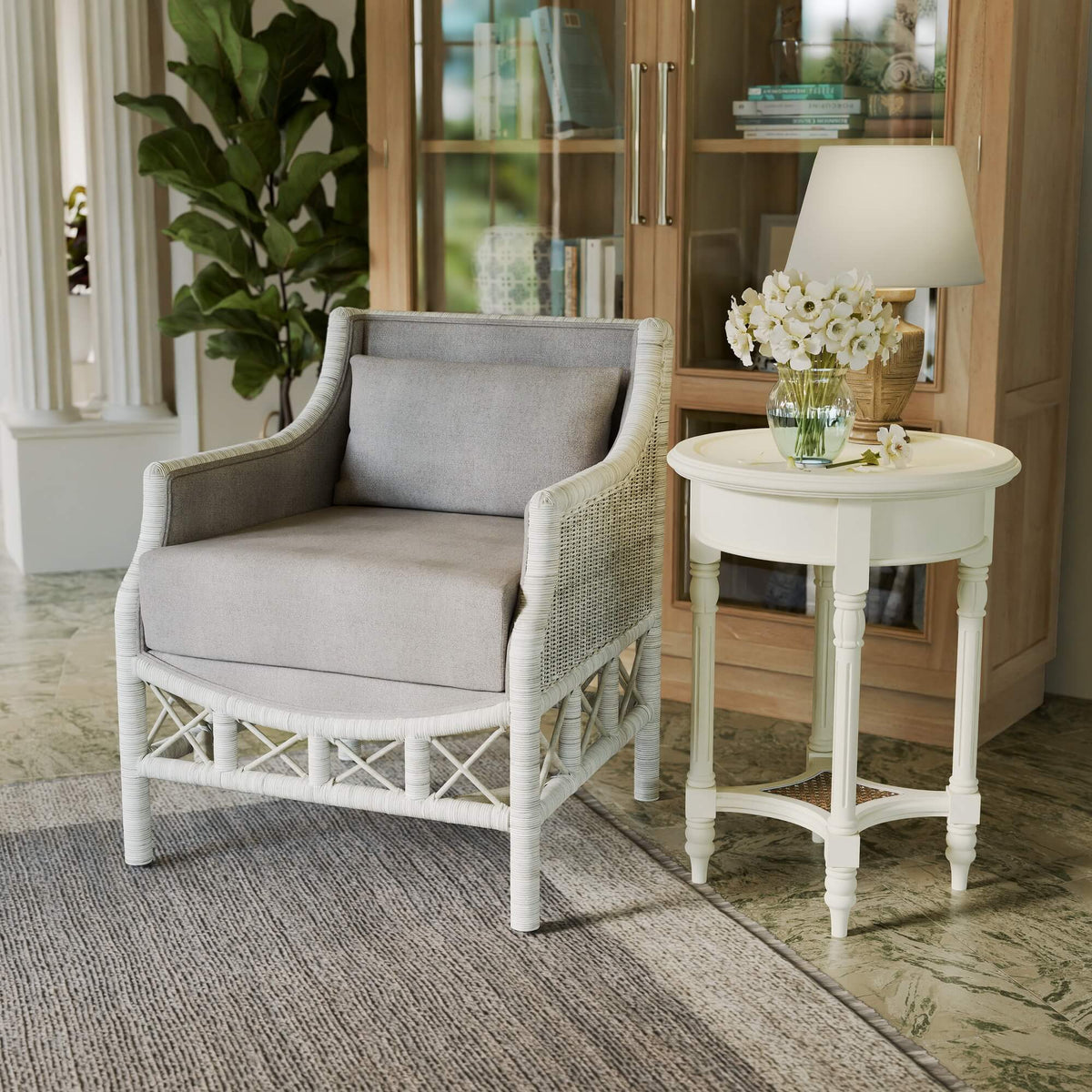 Rabana Rattan Chair in White Wash Rattan w/ Oatmeal Boucle Chenille Performance Fabric Cushion
