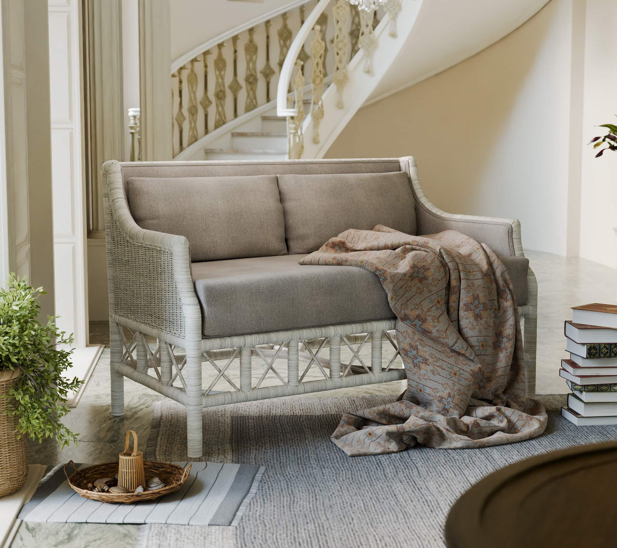 Rabana Rattan Loveseat in White Wash Rattan w/ Oatmeal Boucle Chenille Performance Fabric Cushion