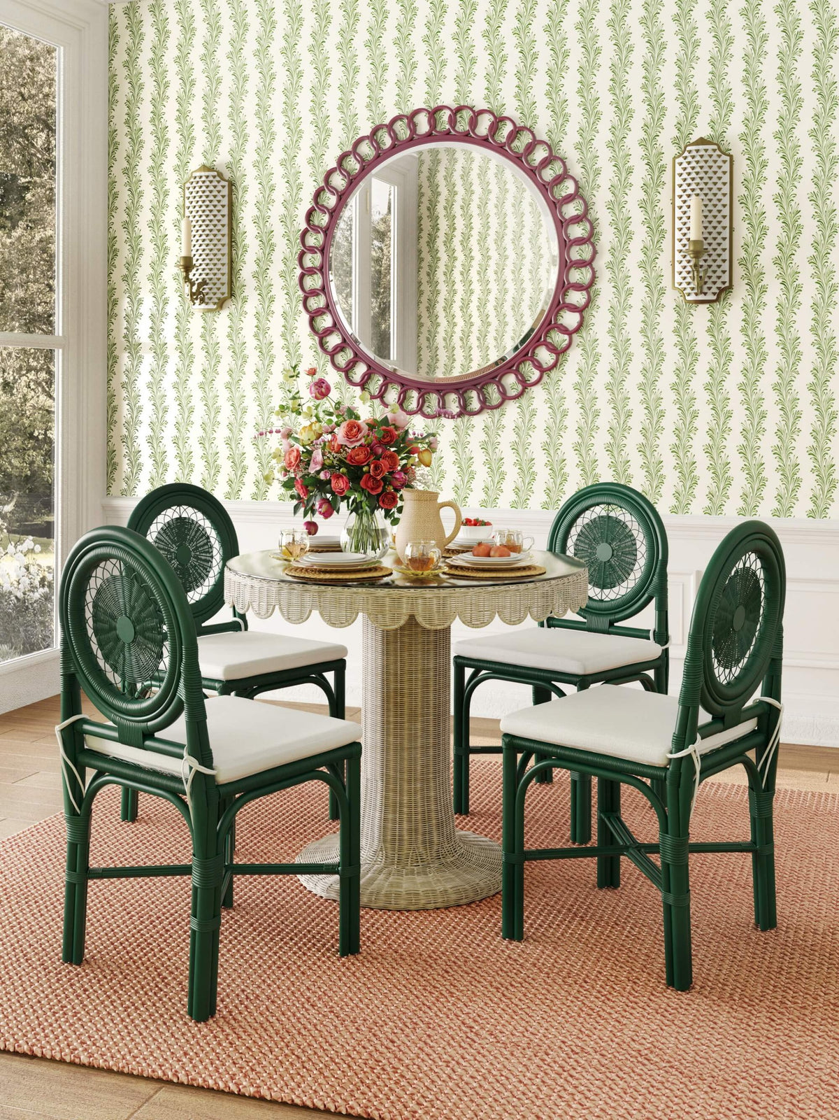Scalloped Round Bistro Table w/ Tempered Glass in Rattan White Wash