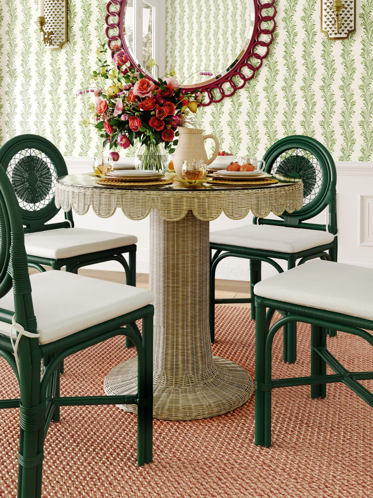 Scalloped Round Bistro Table w/ Tempered Glass in Rattan White Wash
