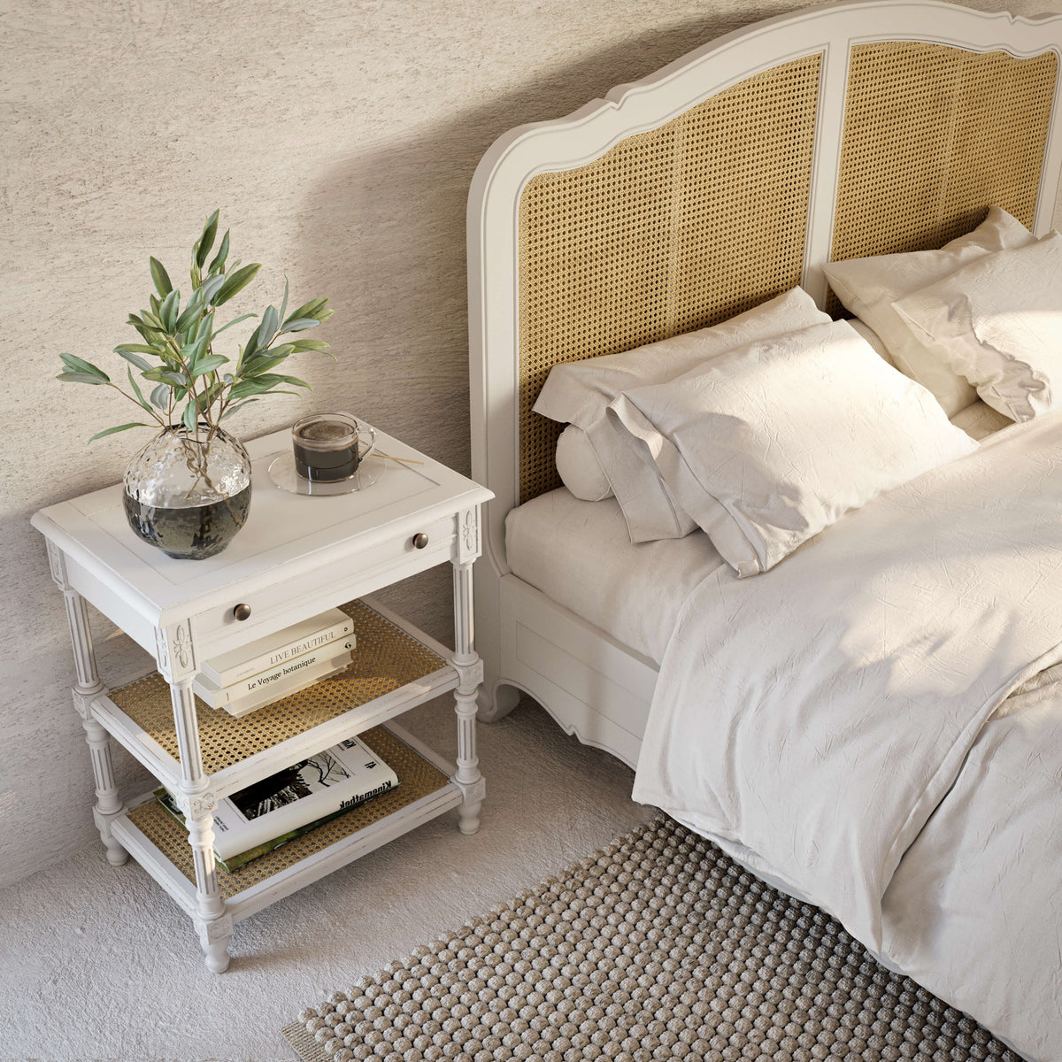 Covington Bed King in Architectural White w/ Rattan Natural