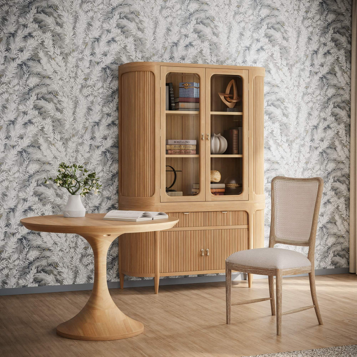 Laurna Teak Dining Chair in Teak White Wash w/ Seat in Camelot Performance Fabric & White Wash Rattan Back