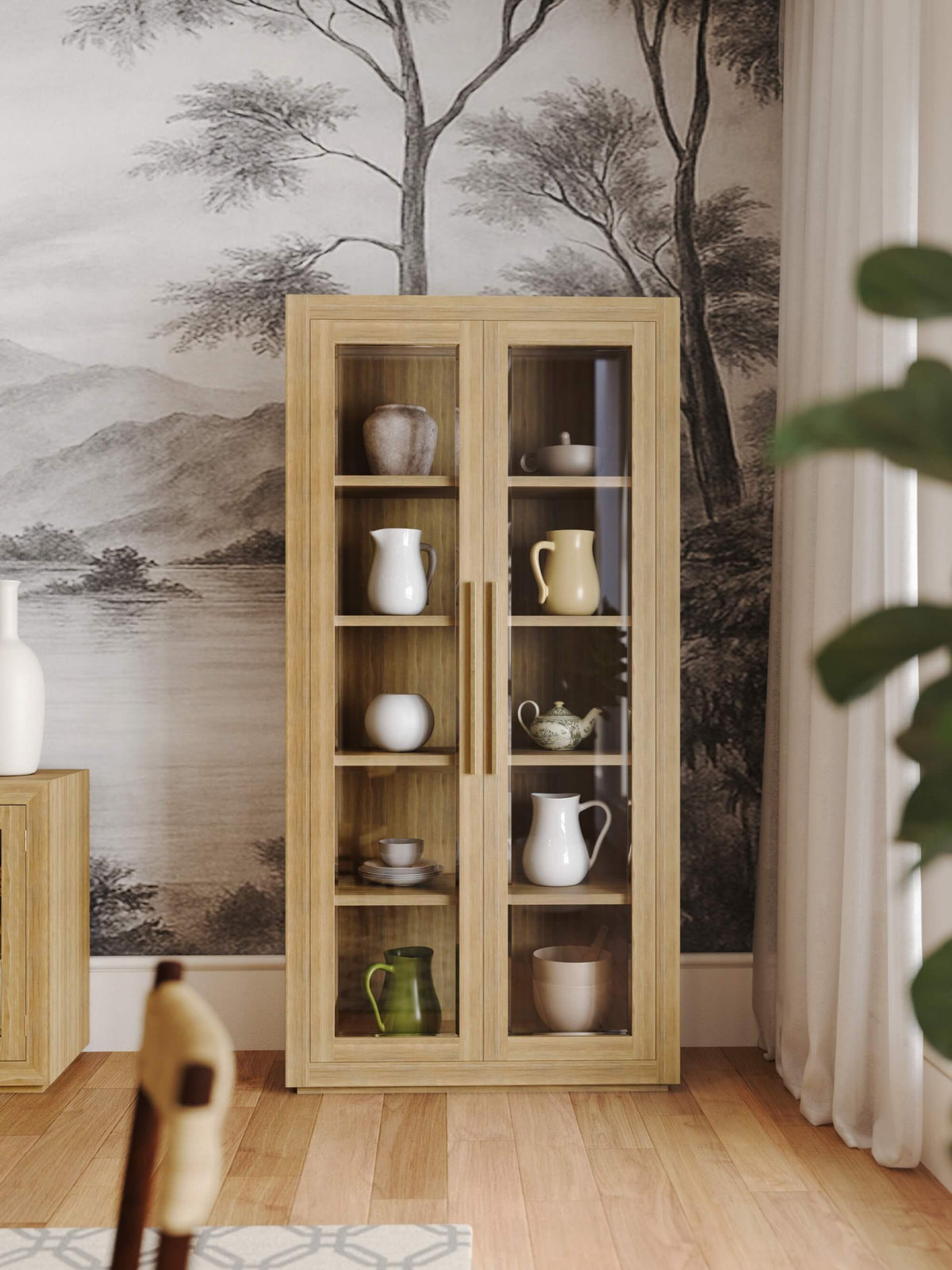 Tuscan Rustic Distressed Teak Display Cabinet in Teak Natural w/ Weathered Teak Distressing