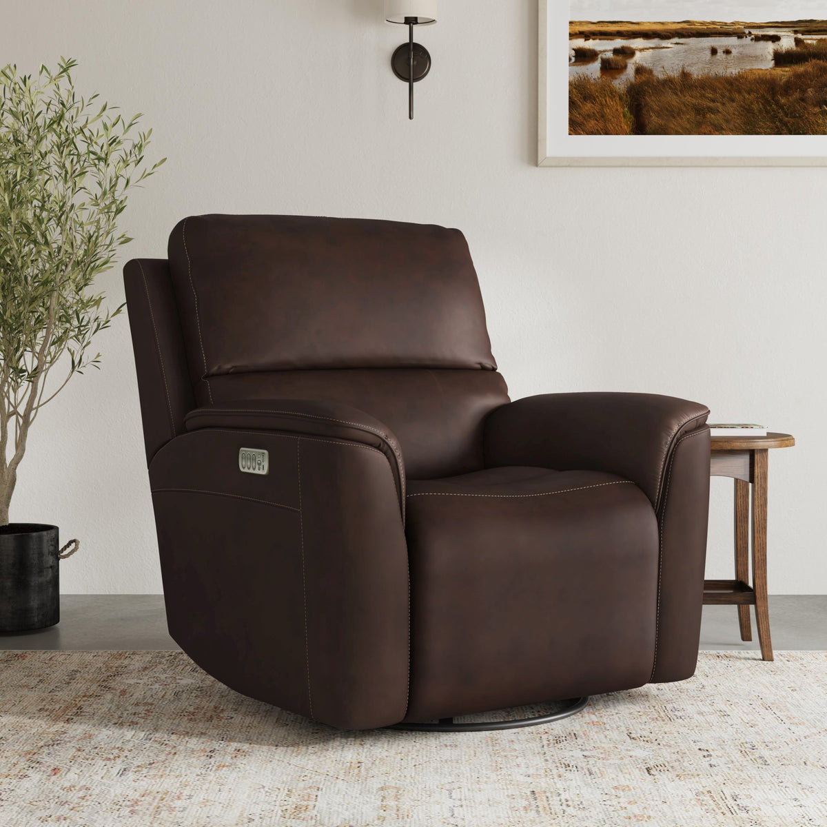 Henry Leather Power Swivel Gliding Recliner with Power Headrest, Lumbar, Heat & Massage