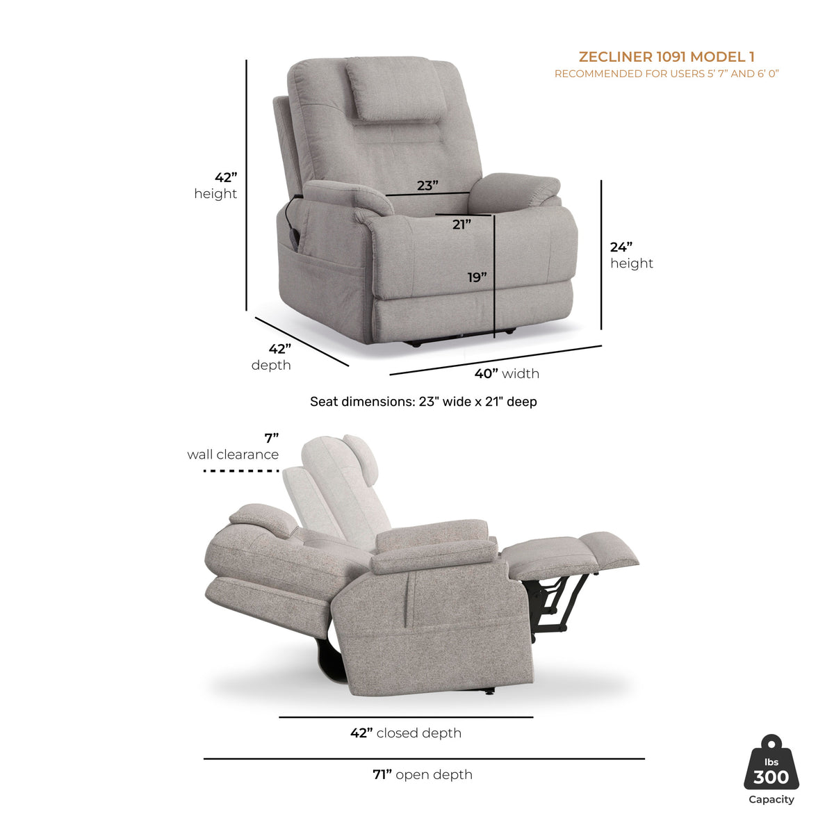 Zecliner Model 1 Fabric Power Sleep Recliner with Power Headrest & Lumbar