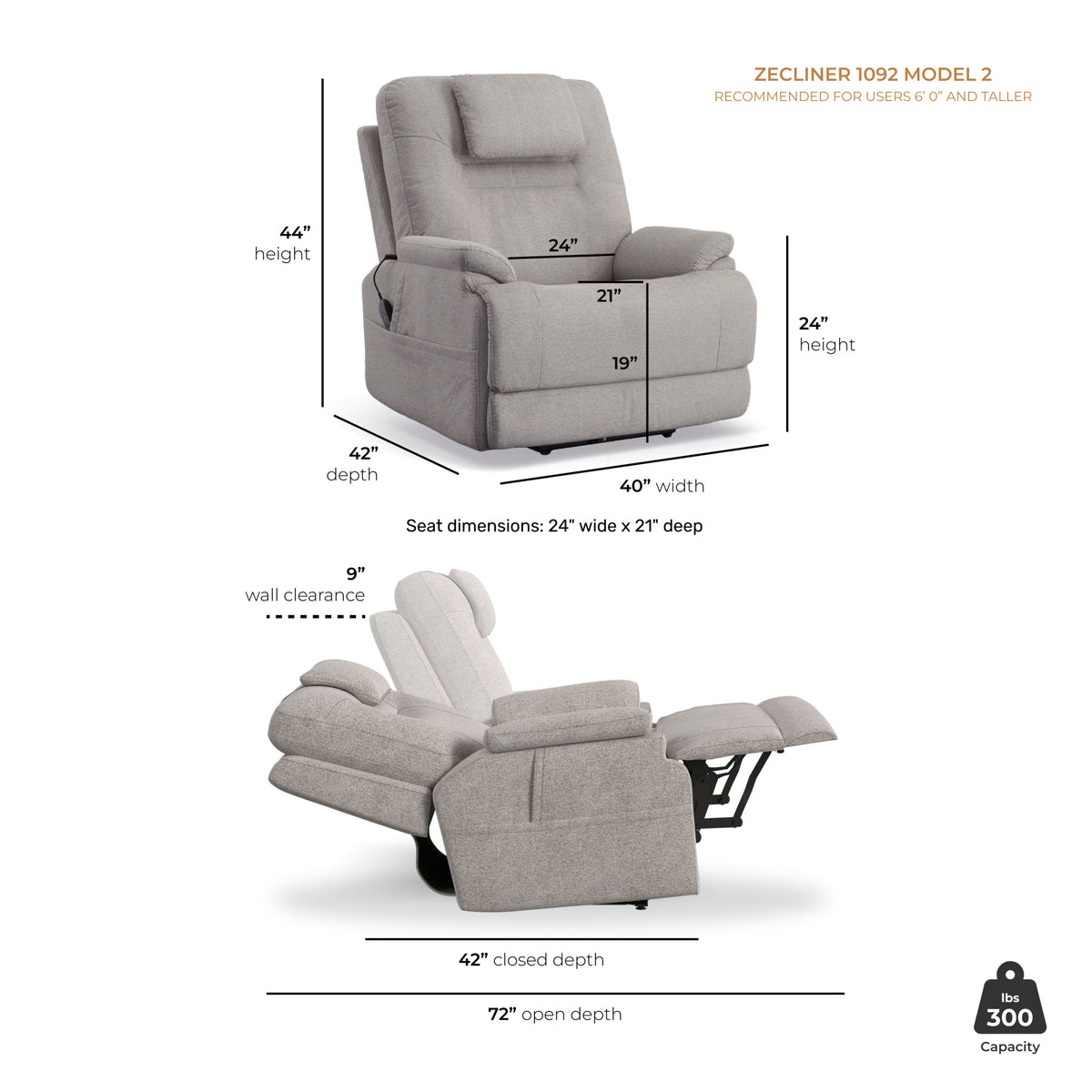 Zecliner Model 2 Fabric Power Sleep Recliner with Power Headrest & Lumbar