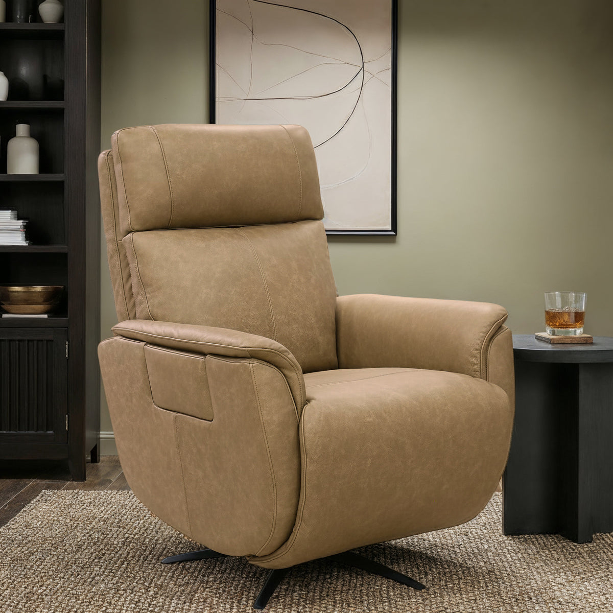 Cove Leather Power Swivel Recliner with Power Headrest, Lumbar, Heat, & Massage
