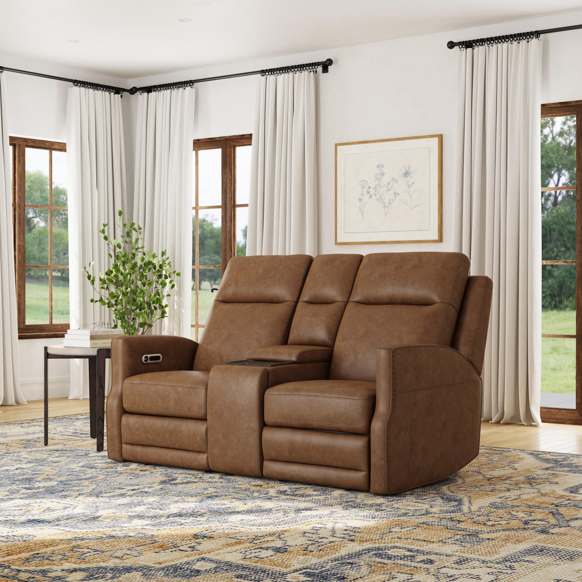 Maxwell Leather Power Reclining Loveseat with Console, Power Headrests and Lumbar