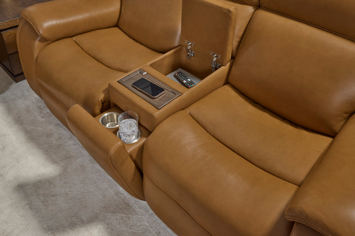 Ziggy Leather Power Reclining Loveseat with Console, Power Headrest, Lumbar, Heat & Massage