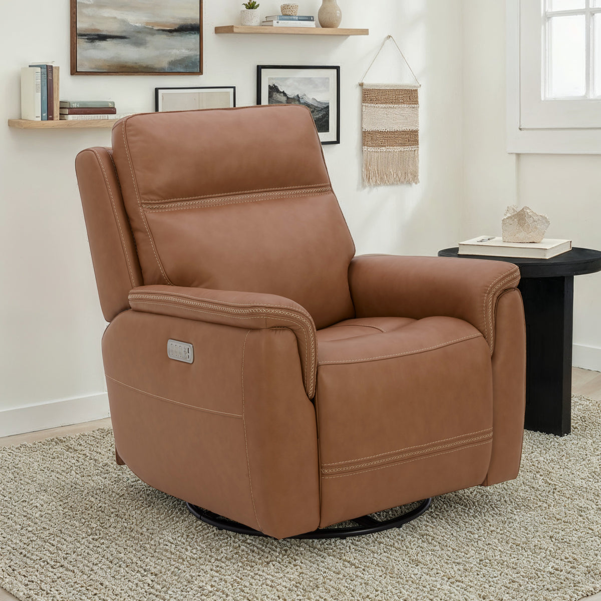 Sawyer Leather Swivel Glider with Power Headrest, Lumbar, Heat & Massage