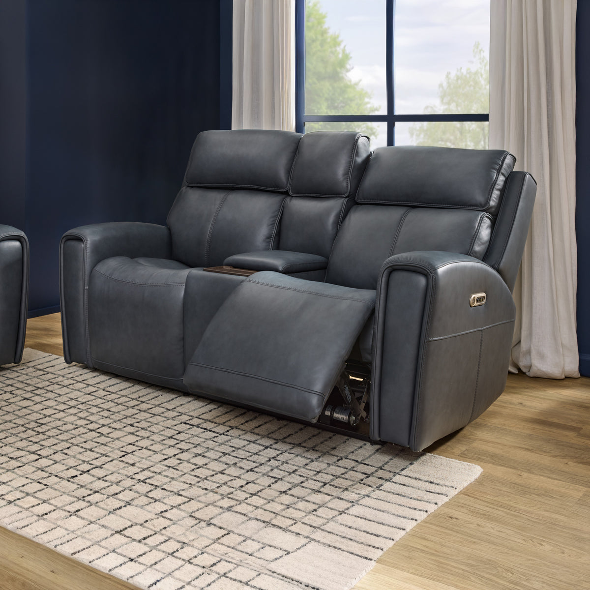 Warren Leather Power Reclining Loveseat with Console, Power Headrest & Lumbar