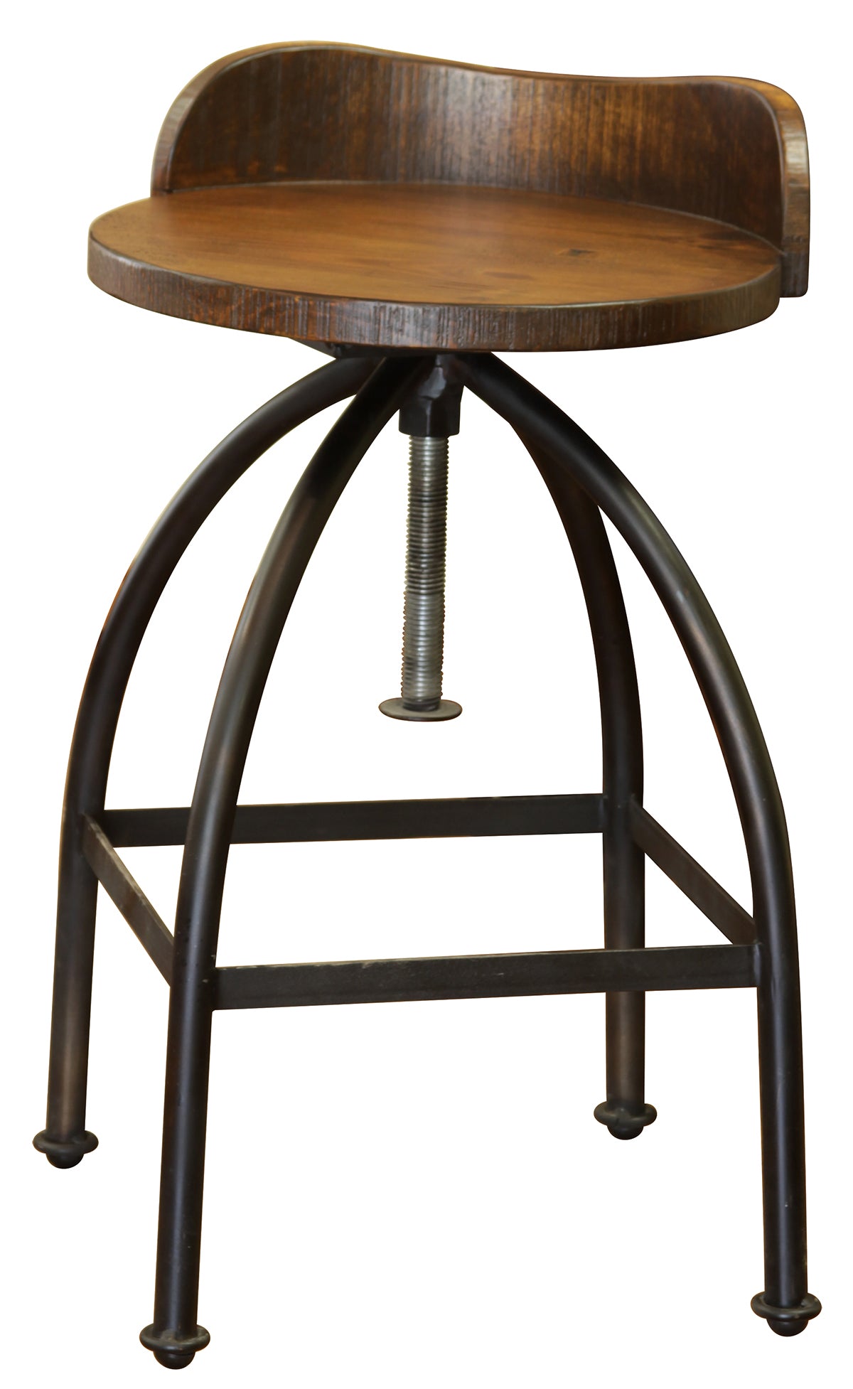 Pueblo Barstool, Brown, Wooden Seat Adjustable 24-30" Swivel Iron Base