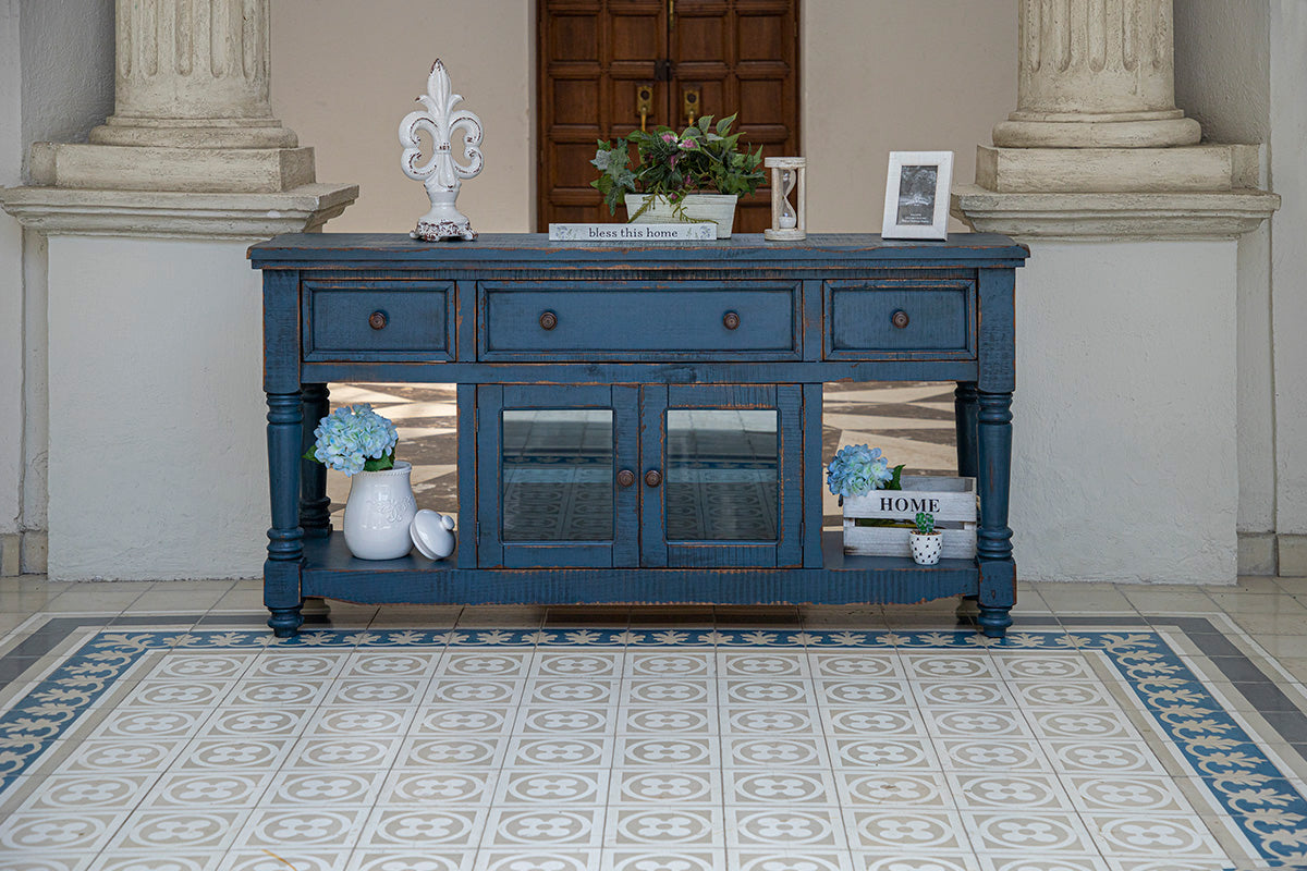 Aruba TV Stand, Blue, 3 Drawer 2 Doors 70" - Pine