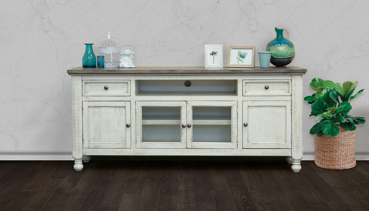 Stone TV Stand, White, 2 Drawer 4 Doors 80"
