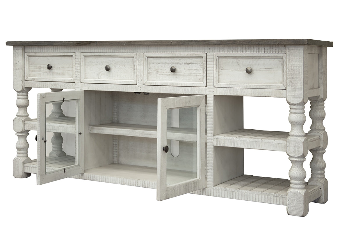 Stone TV Stand, White, 4 Drawer 2 Glass Doors 80"
