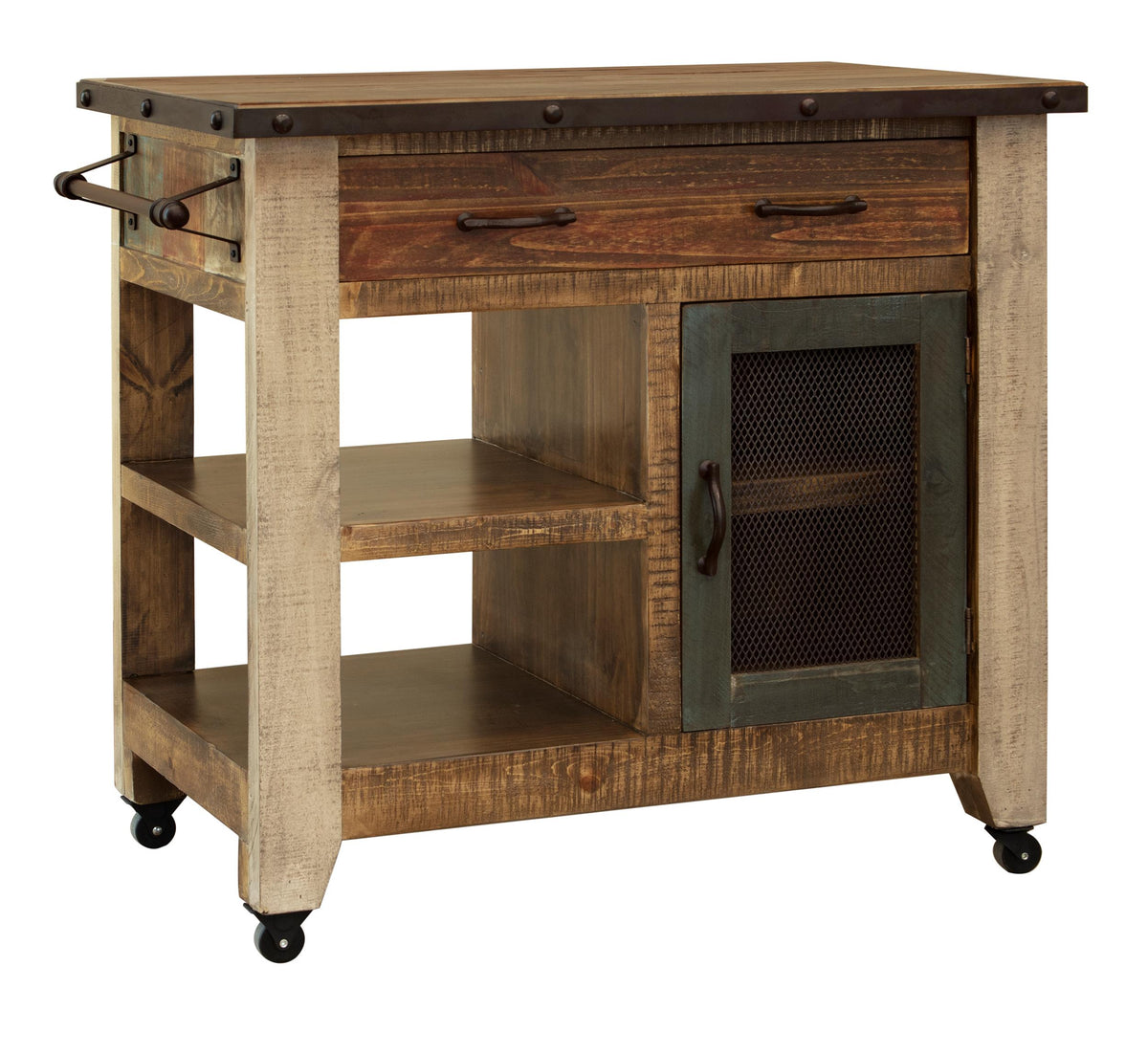 Antique Multicolor Kitchen Island, Multicolor, 1 Drawer, 1 Mesh Door