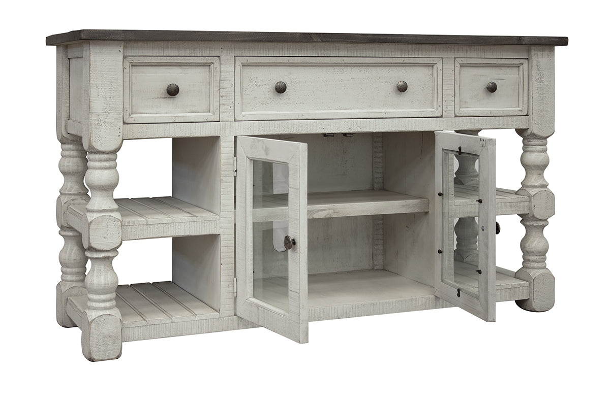 Stone TV Stand, White, 3 Drawer 2 Glass Door 60"