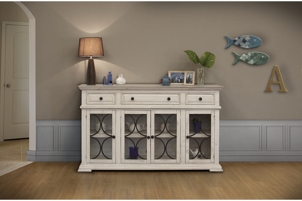 Bonanza Ivory Console, 4 Glass Doors 3 Drawers