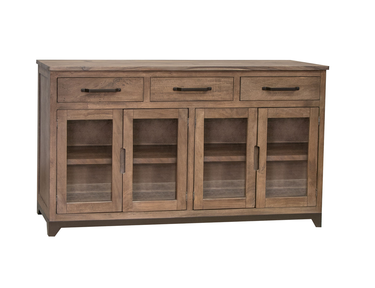 Natural Parota Console, Brown, 3 Drawer 4 Glass Doors