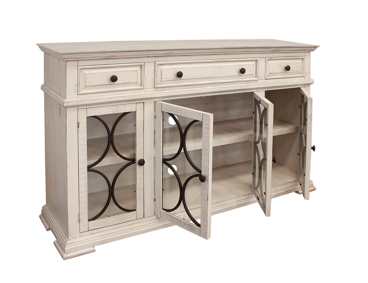 Bonanza Ivory Console, 4 Glass Doors 3 Drawers