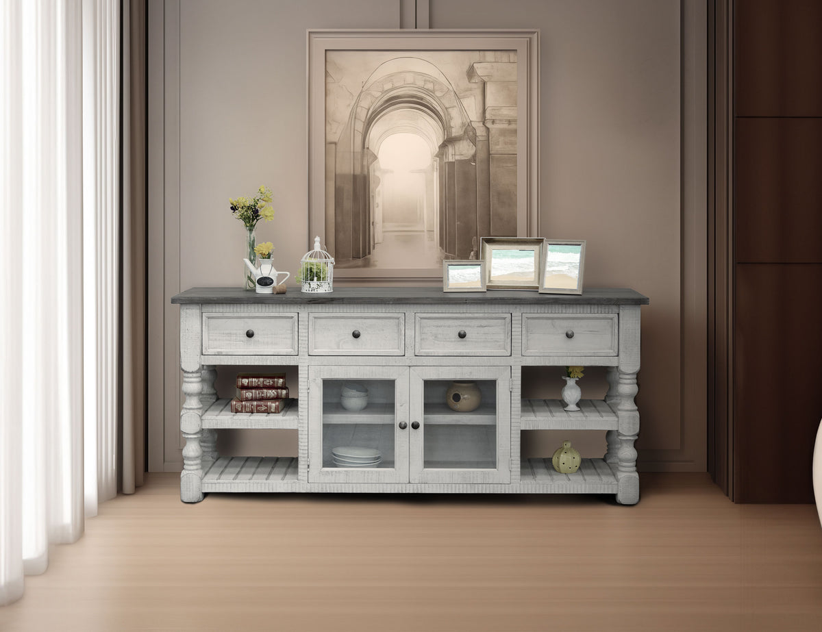 Stone TV Stand, White, 4 Drawer 2 Glass Doors 80"
