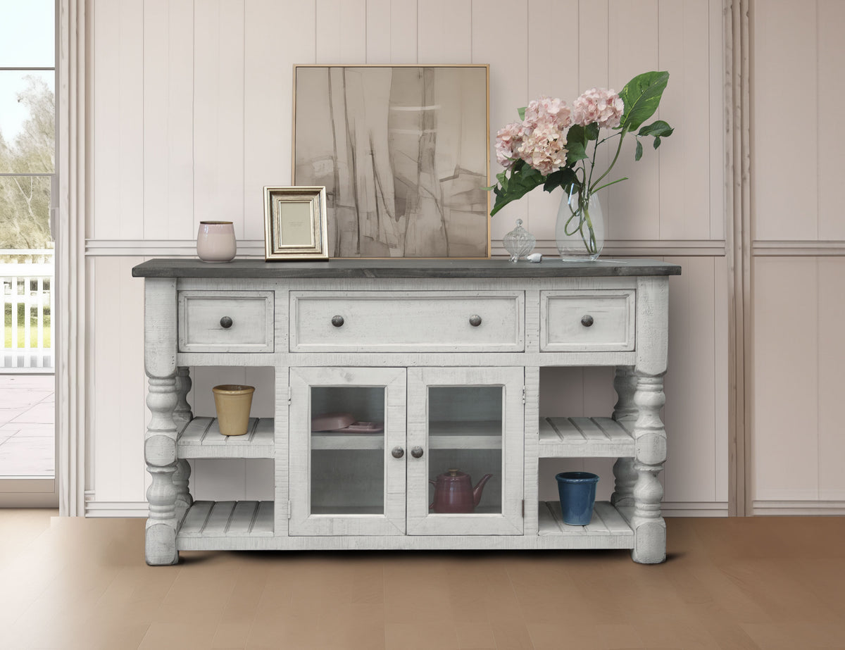 Stone TV Stand, White, 3 Drawer 2 Glass Door 60"