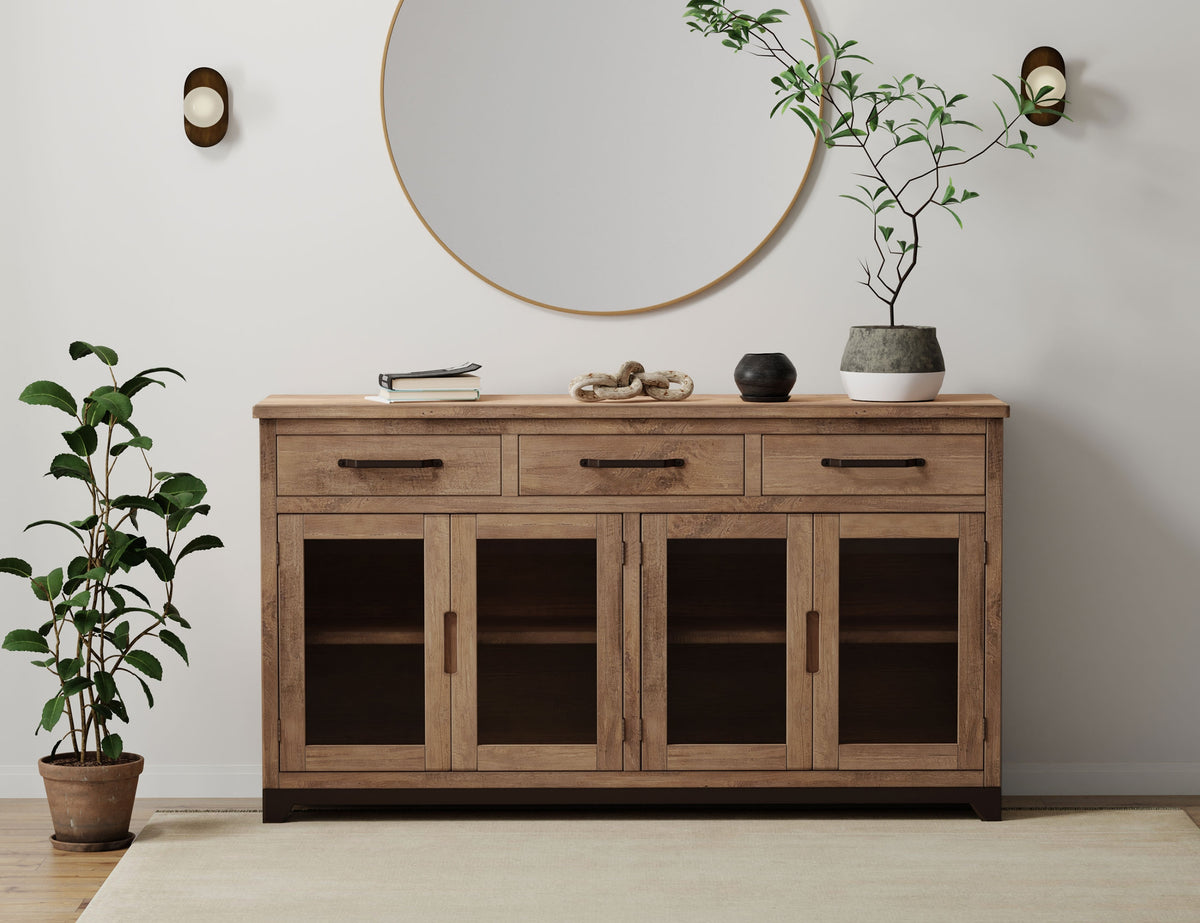 Natural Parota Console, Brown, 3 Drawer 4 Glass Doors