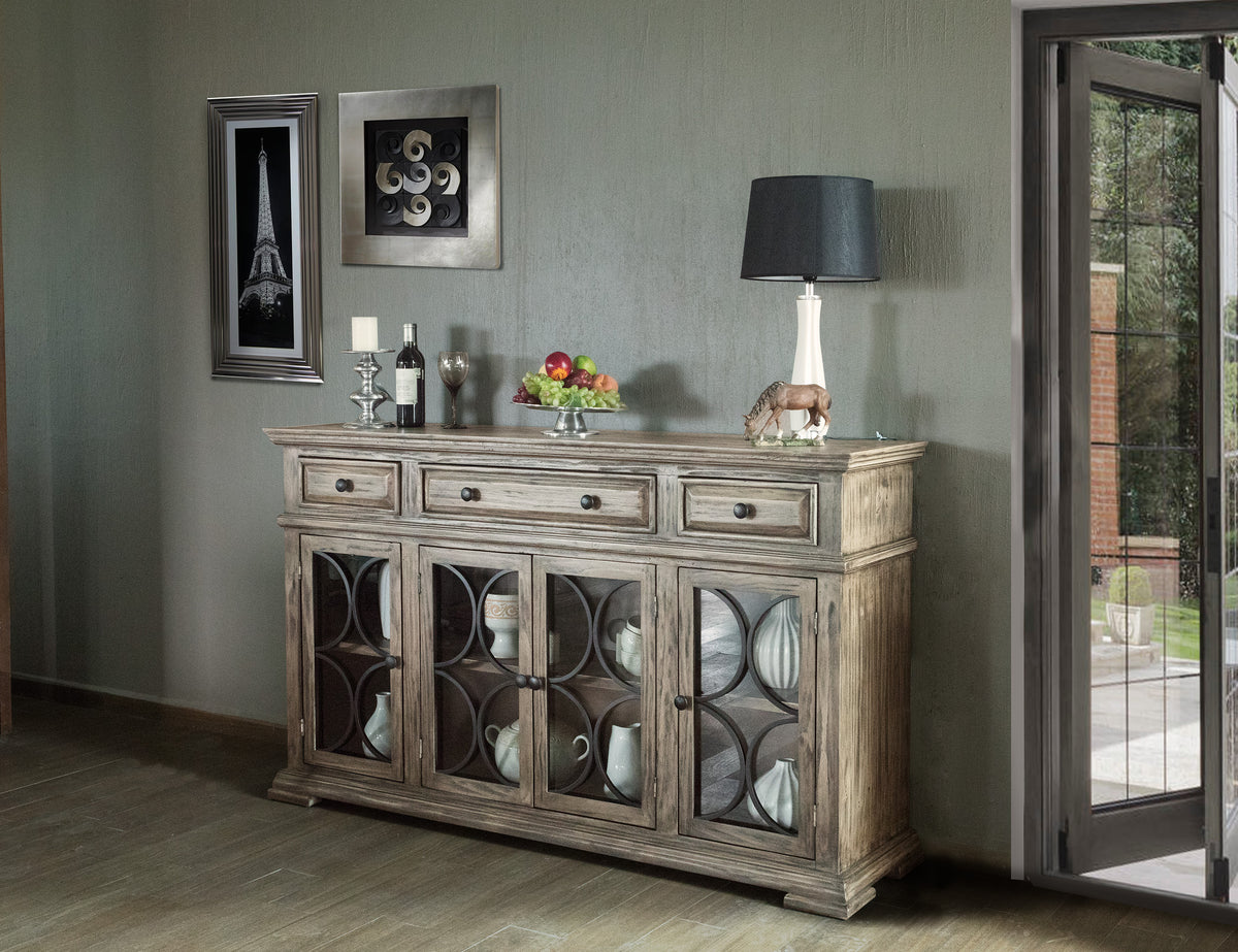 Bonanza Console, Brown, 4 Glass Doors 3 Drawers