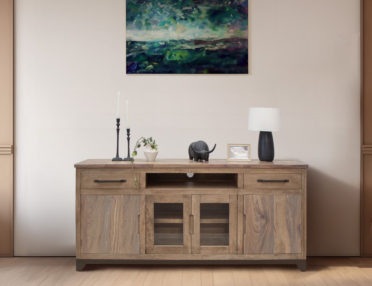 Natural Parota TV Stand, Brown, 2 Drawer 2 Door 2 Glass Door 70"