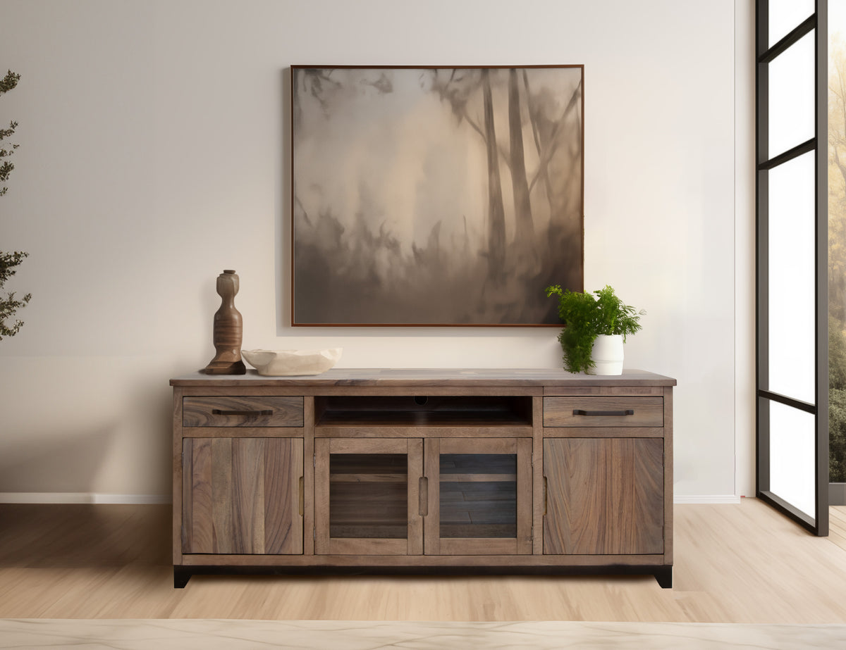 Natural Parota TV Stand, Brown, 2 Drawer, 2 Door, 2 Glass Door 80"