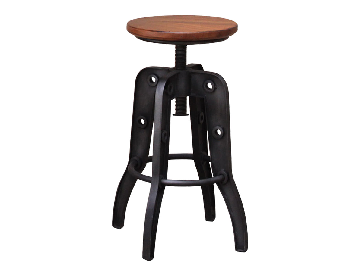 Parota Barstool, Black, Wooden Round Seat Adjustable 24-30" Swivel Iron Base