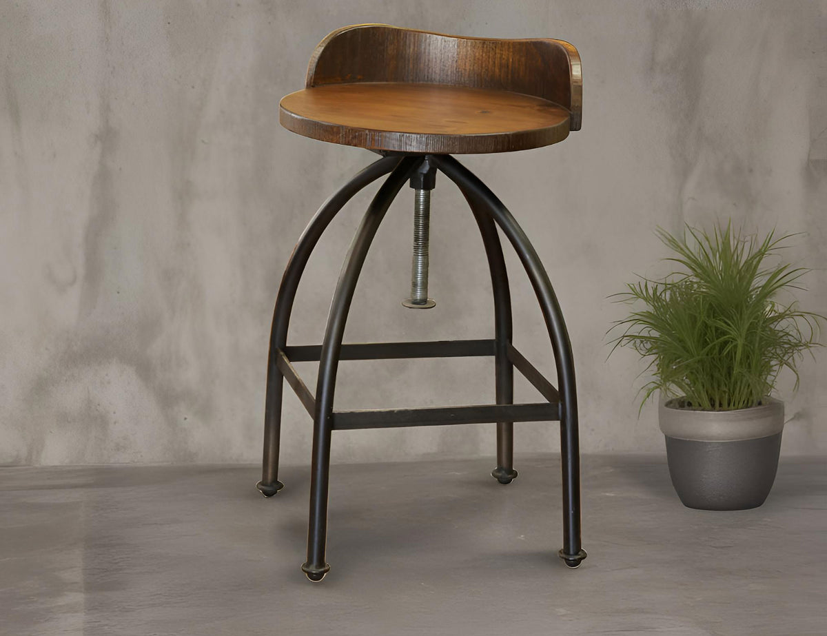 Pueblo Barstool, Brown, Wooden Seat Adjustable 24-30" Swivel Iron Base