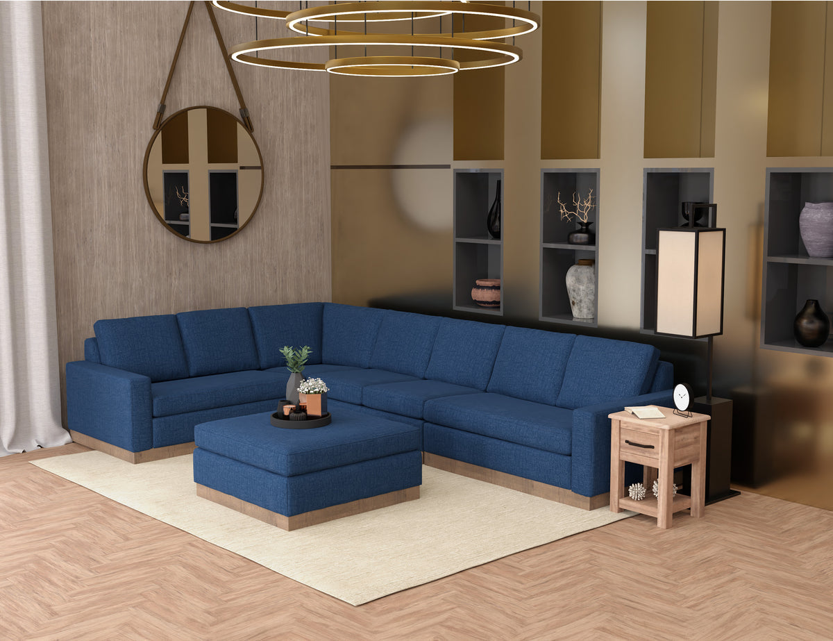 Georgia Ottoman, Blue, Wooden Frame & Base, Upholstered Square