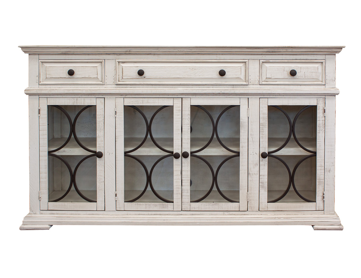 Bonanza Ivory Console, 4 Glass Doors 3 Drawers