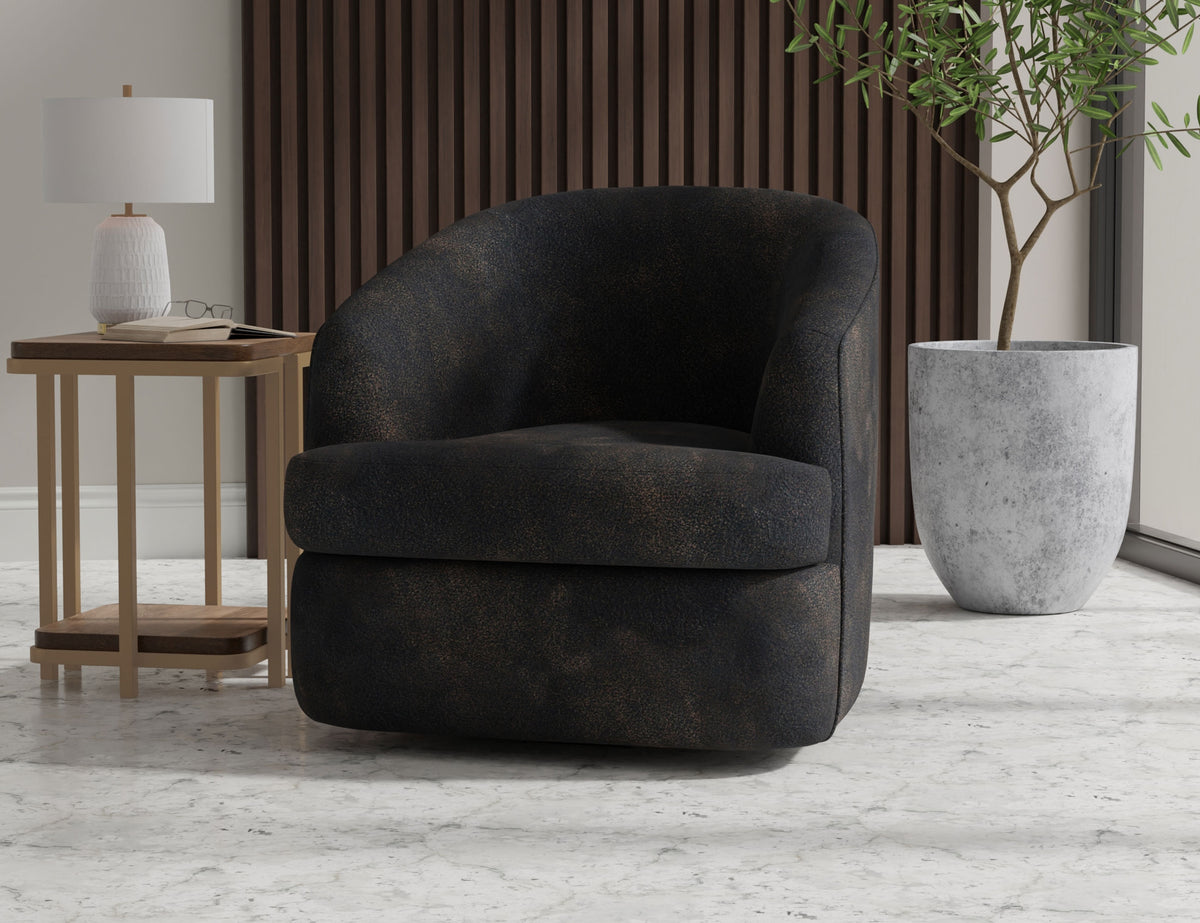 Tumbi Armchair, Black, Wooden Frame & Metal Base, 360 Degree Swivel Accent Chair
