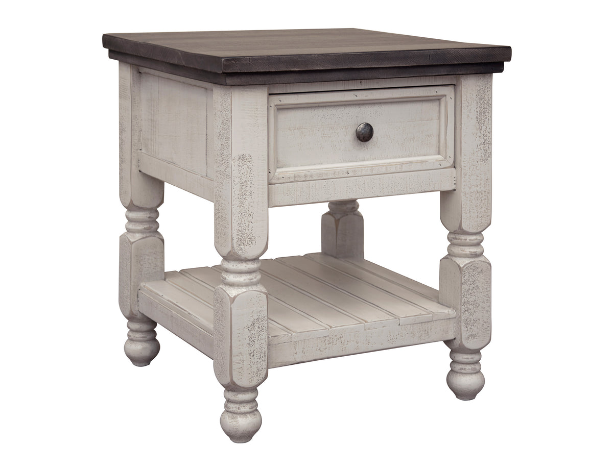 Stone End Table, White, 1 Drawer
