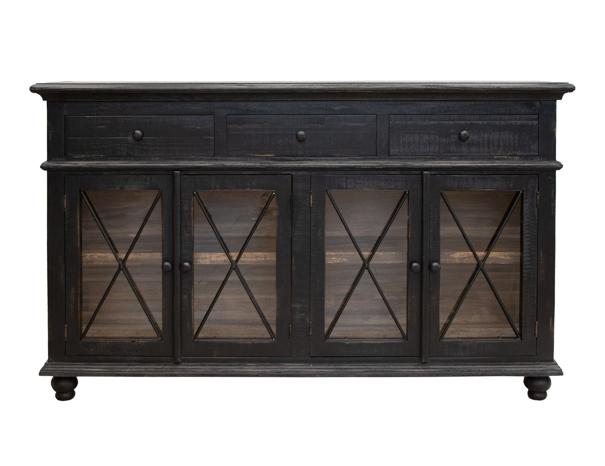 Vintage Console, Black, 3 Drawer 4 Doors 70"