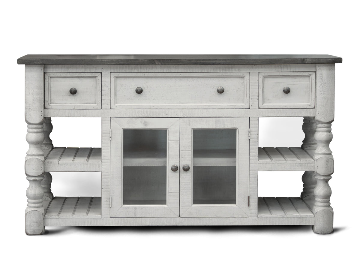 Stone TV Stand, White, 3 Drawer 2 Glass Door 60"