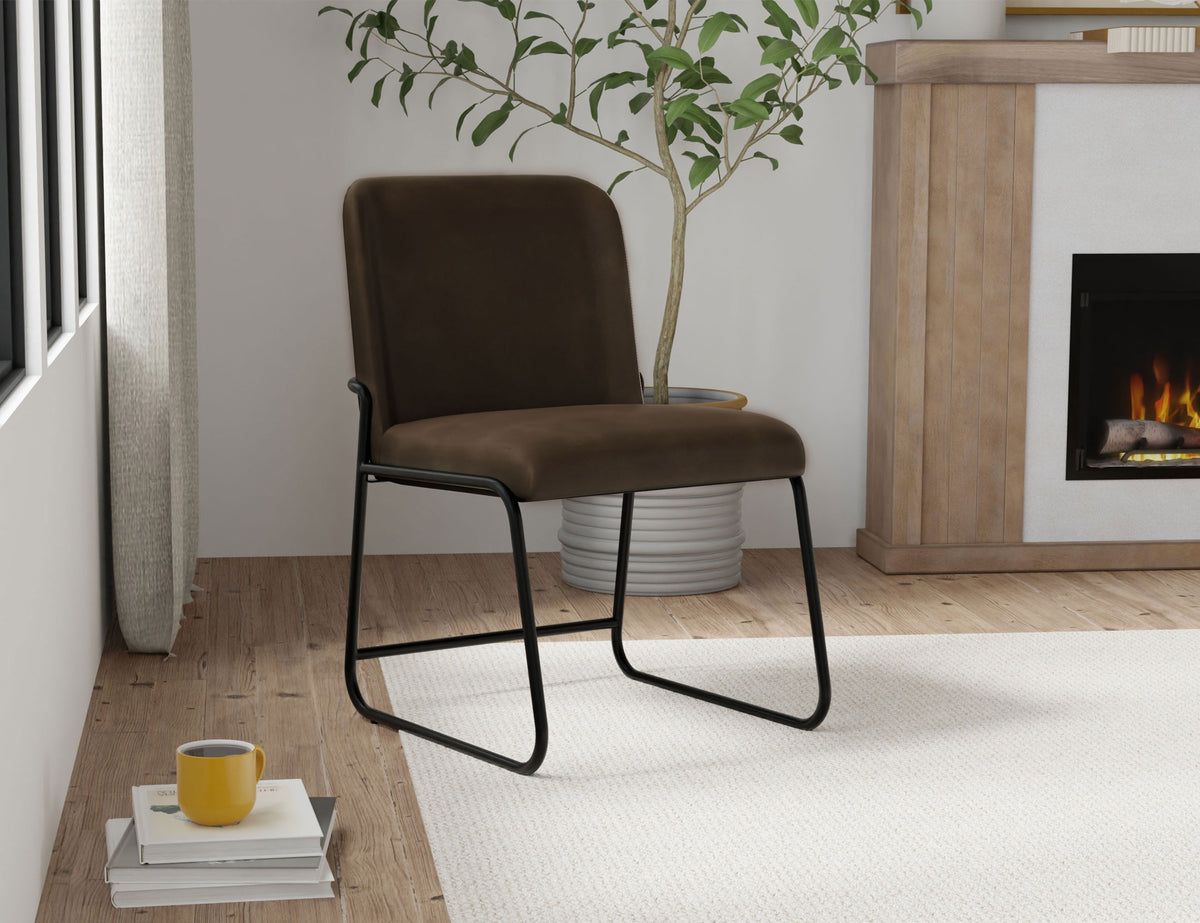 Seating Upholstered Chair, Brown/Black, Wooden Frame & Metal Base - Pine & Fabric/Metal