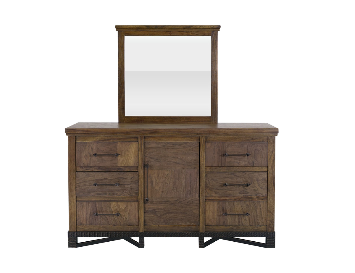 Walnut Dresser, Brown, 6 Drawer, 1 Door