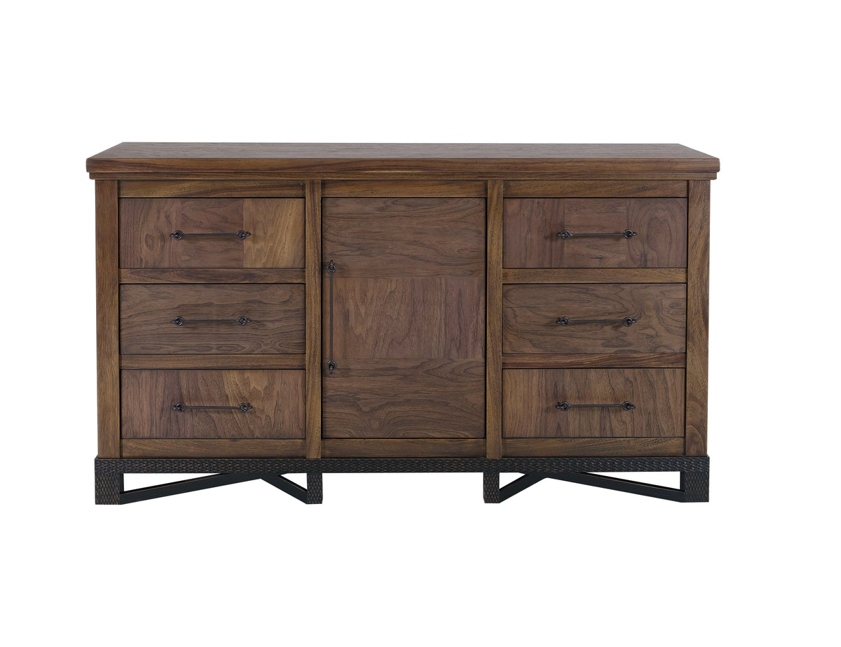 Walnut Dresser, Brown, 6 Drawer, 1 Door