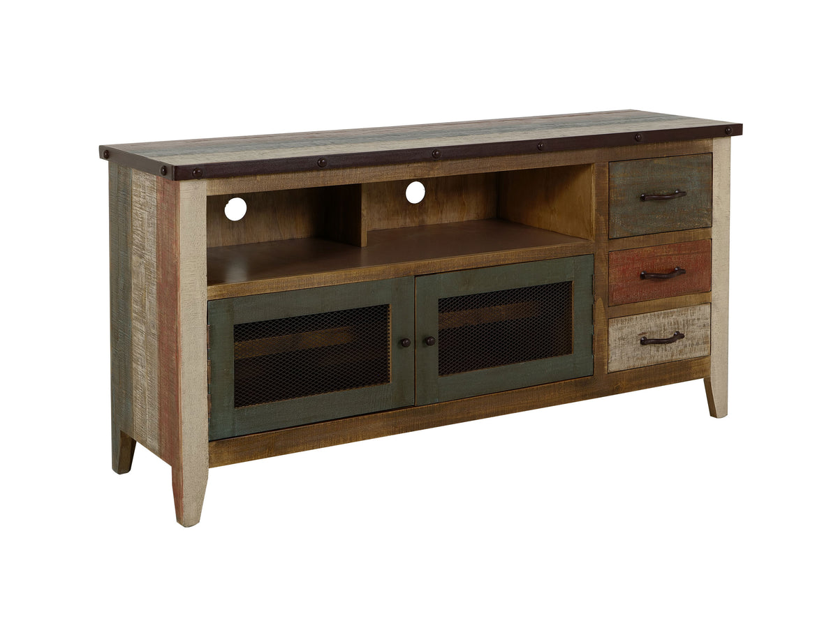 Antique Multicolor TV Stand, Multicolor, 3 Drawer, 2 Iron Mesh Doors 62"