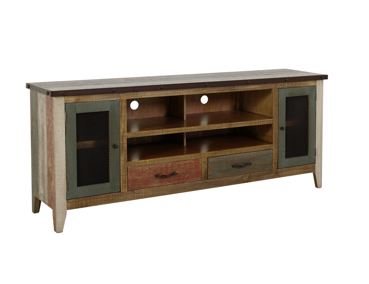 Antique Multicolor TV Stand, Multicolor, 2 Drawer 2 Iron Mesh Doors 76"
