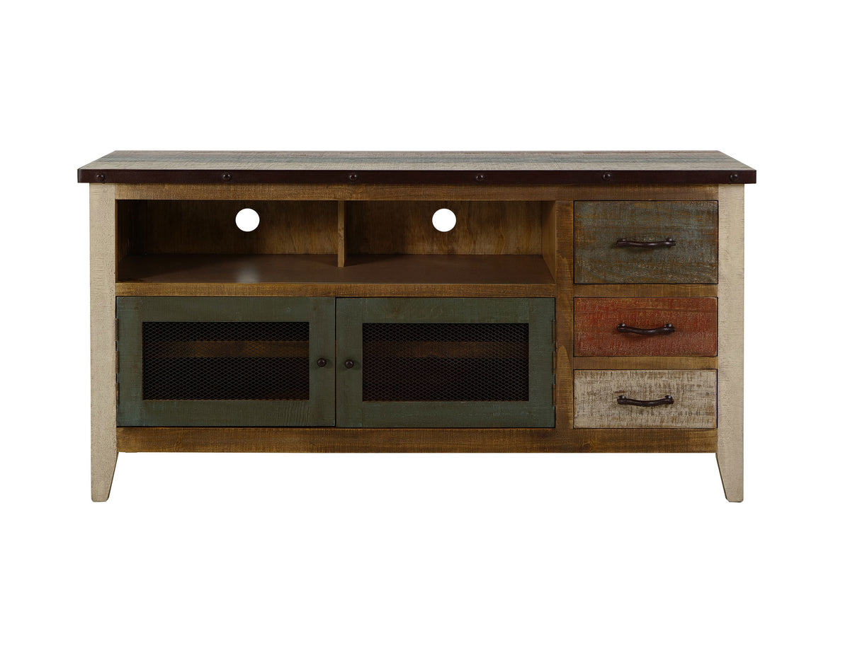 Antique Multicolor TV Stand, Multicolor, 3 Drawer, 2 Iron Mesh Doors 62"