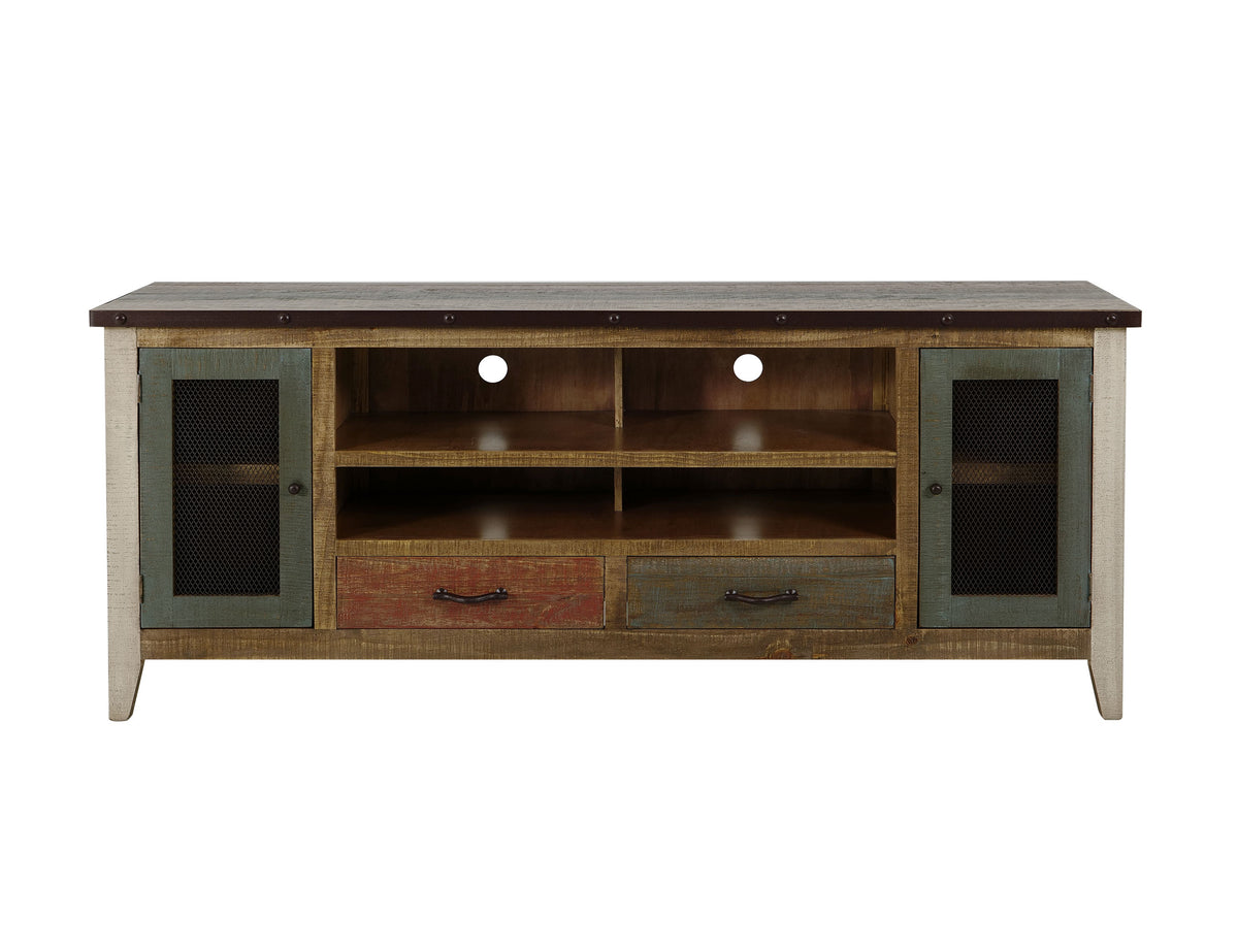 Antique Multicolor TV Stand, Multicolor, 2 Drawer 2 Iron Mesh Doors 76"