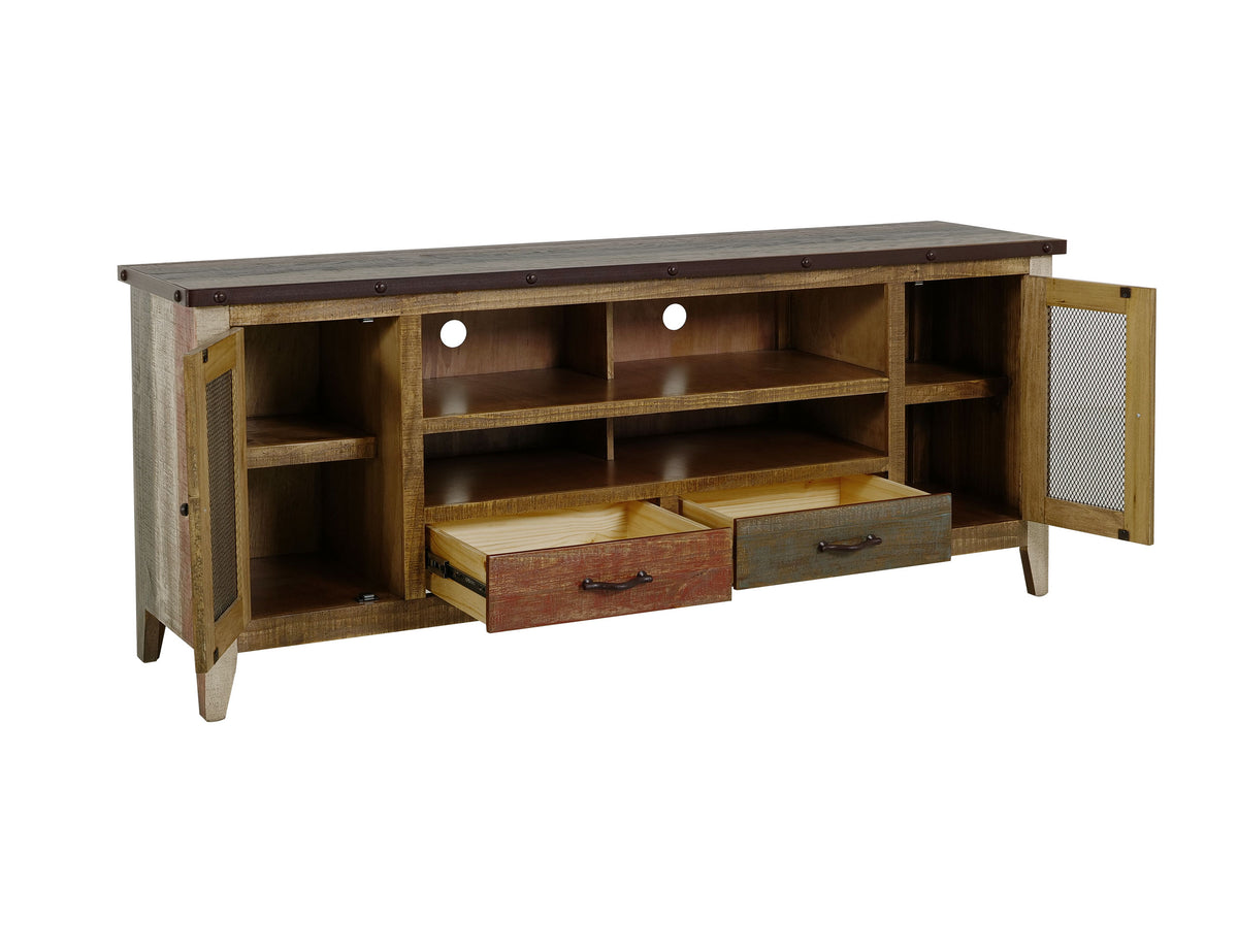 Antique Multicolor TV Stand, Multicolor, 2 Drawer 2 Iron Mesh Doors 76"