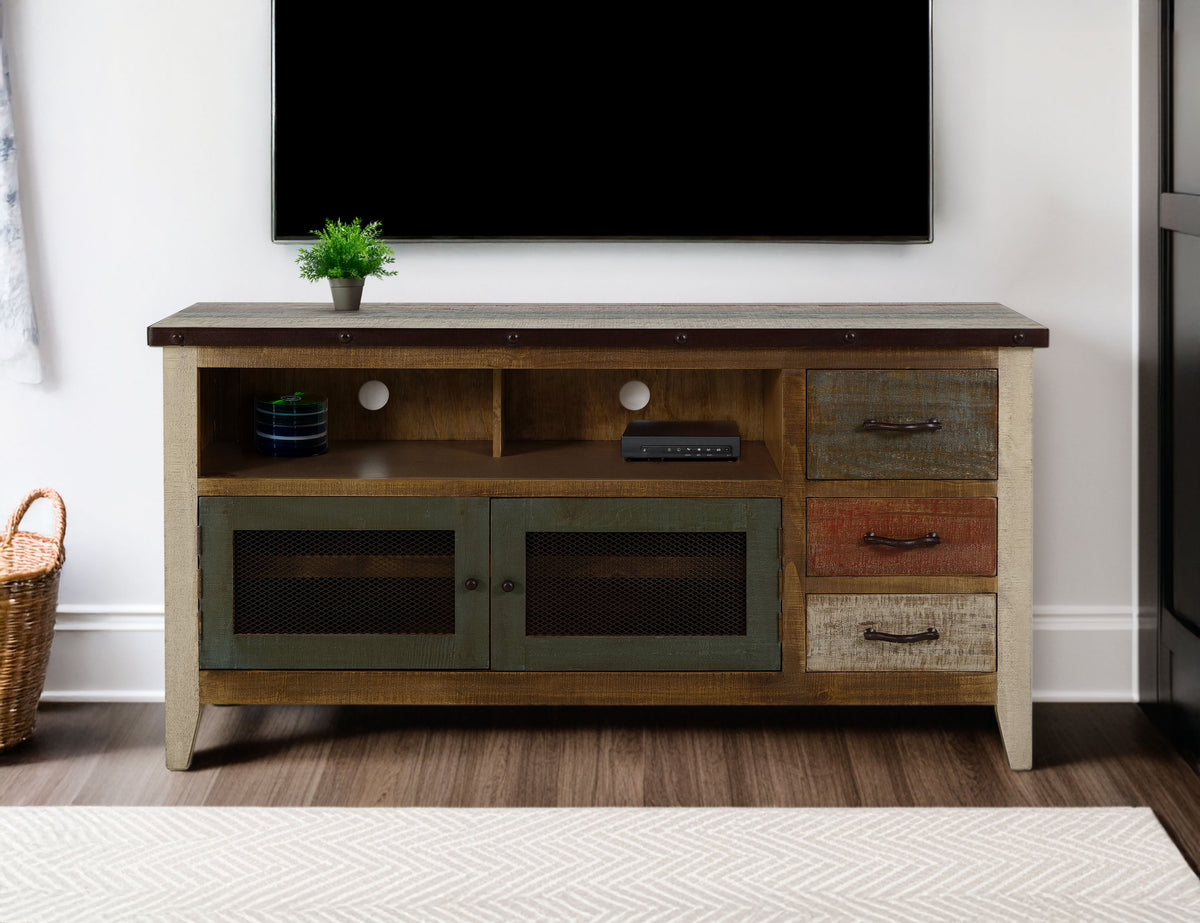 Antique Multicolor TV Stand, Multicolor, 3 Drawer, 2 Iron Mesh Doors 62"