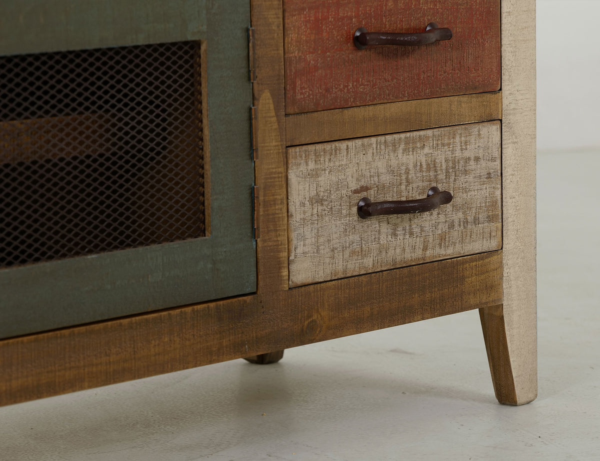 Antique Multicolor TV Stand, Multicolor, 3 Drawer, 2 Iron Mesh Doors 62"