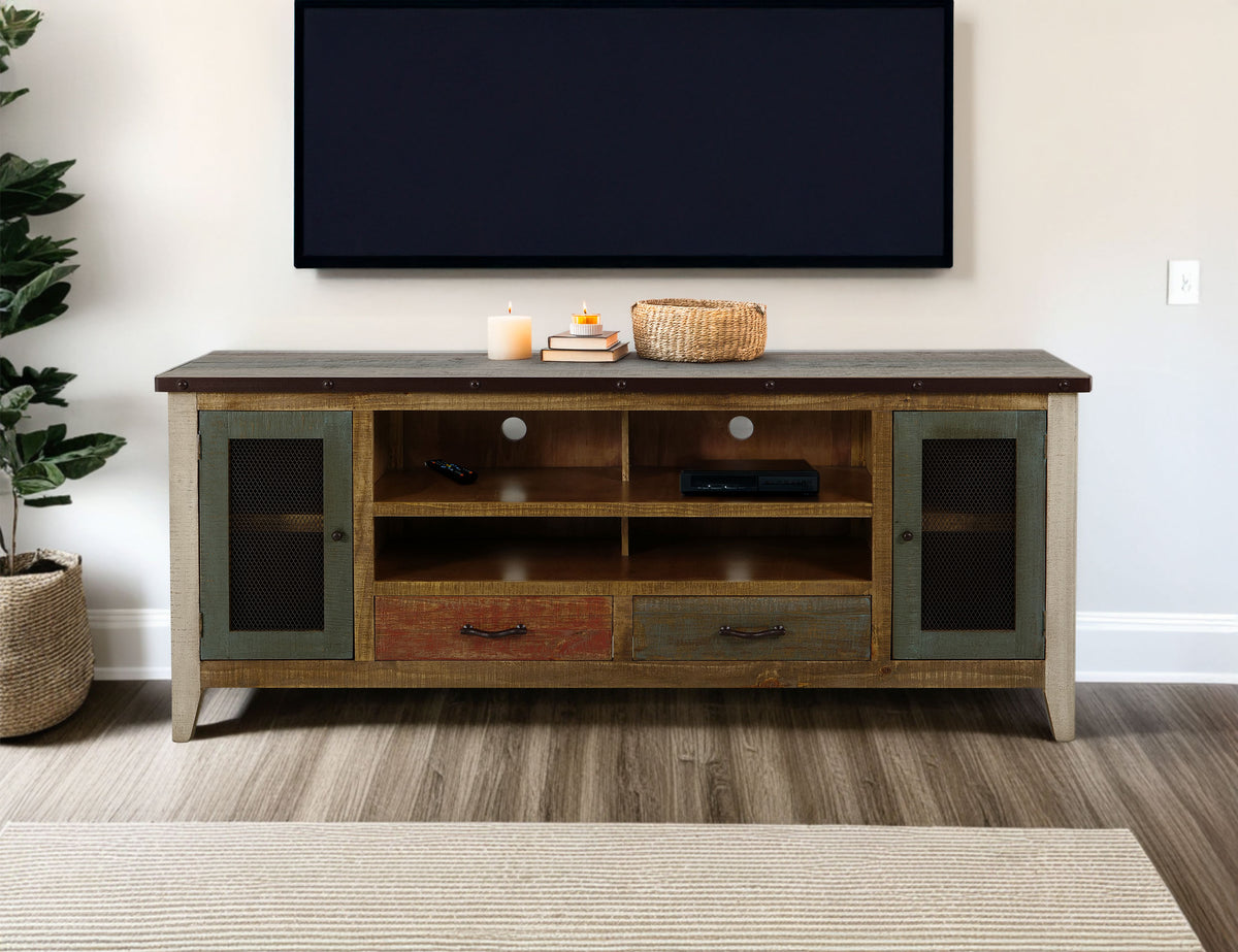 Antique Multicolor TV Stand, Multicolor, 2 Drawer 2 Iron Mesh Doors 76"