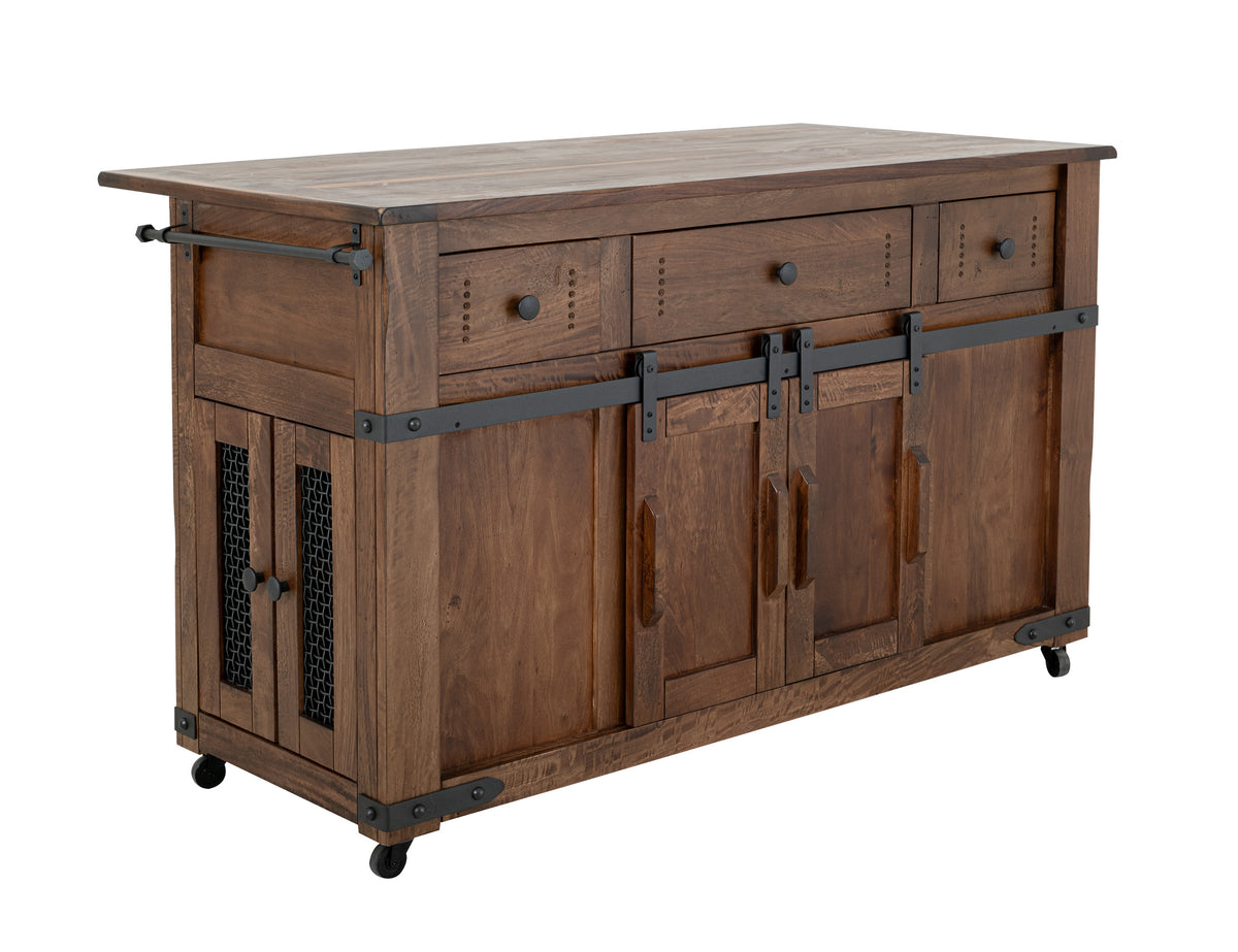 Parota Kitchen Island, Brown, 3 Drawer 4 Doors 2 Sliding Doors Wood Island